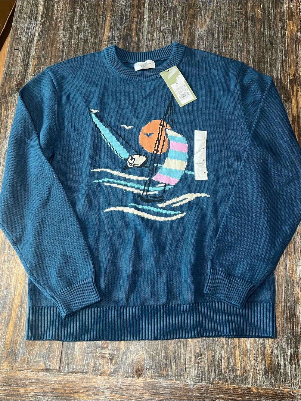 NWT Goodfellow Teal Crewneck Sweater with Colorful Sailboat. Mens - New W/ Tags
